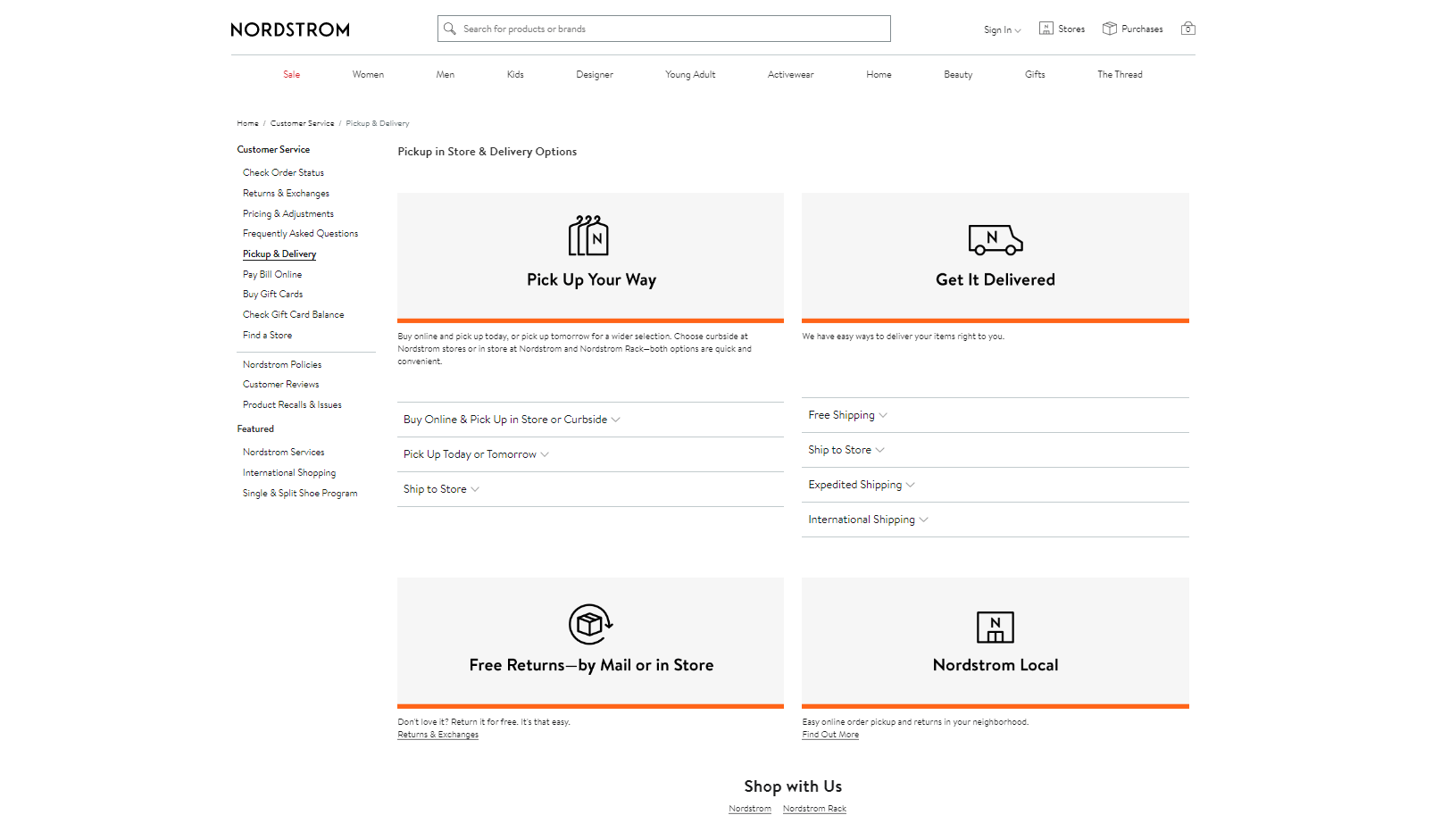 A screenshot showing multiple pickup and delivery options on Nordstrom’s website