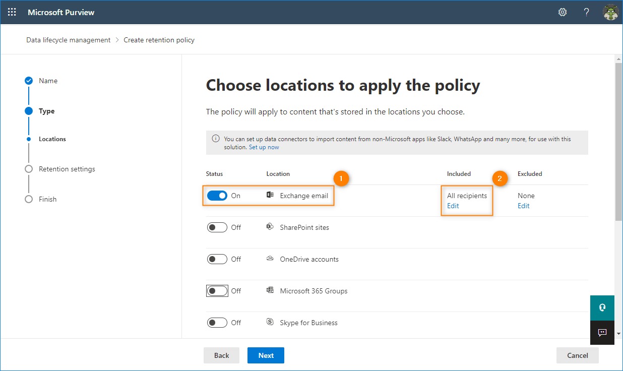 A screenshot showcasing what the Locations step of creating a retention policy looks like.