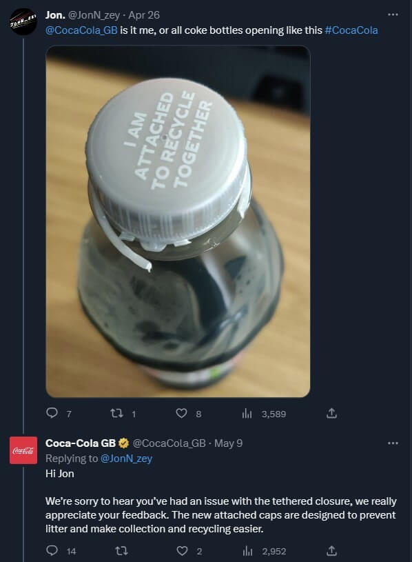 Coca-Cola GB answers a Twitter user’s question.