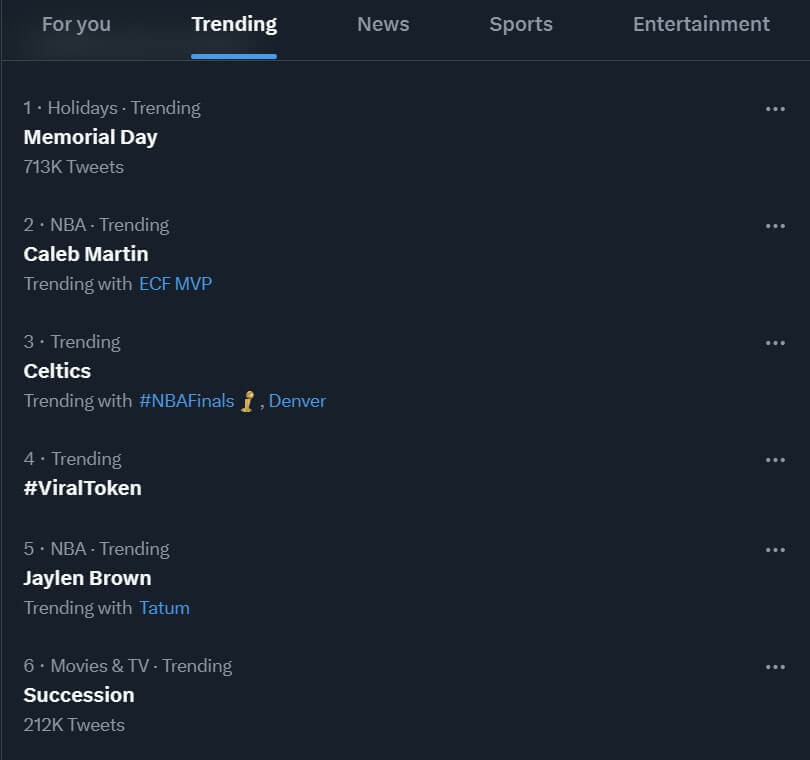 The Trending tab on Twitter, accessed from the Explore page