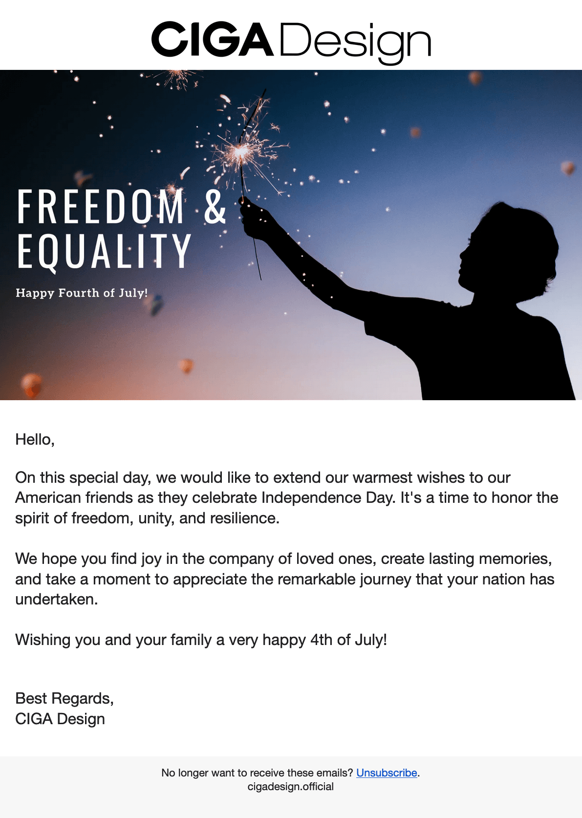 Independence Day email from CIGA Design with a banner image and a short congratulatory message that ends with “Wishing you and your family a very happy 4th of July!”