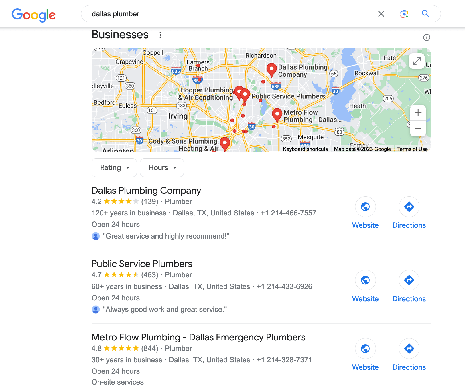 Google search for a plumber