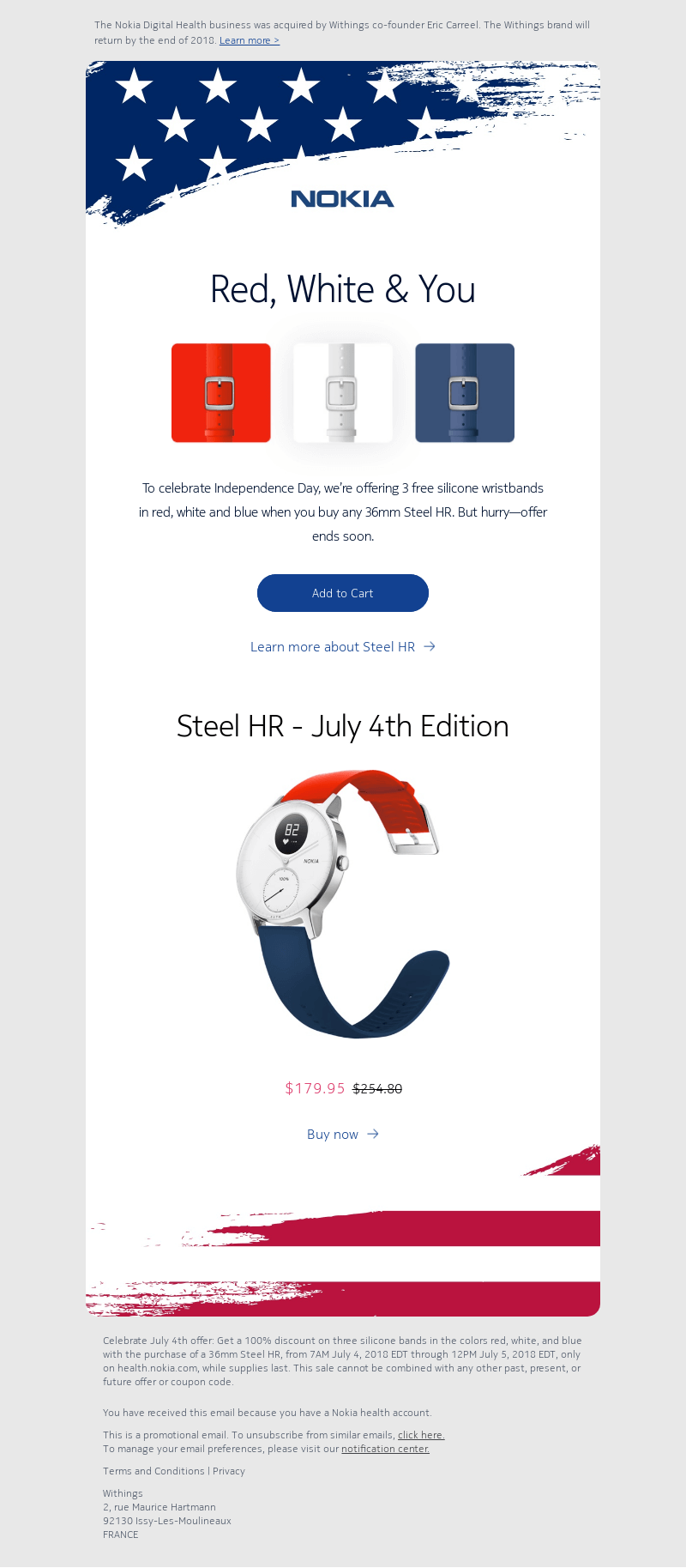 Independence Day sales email from Nokia with the tagline “Red, White & You”