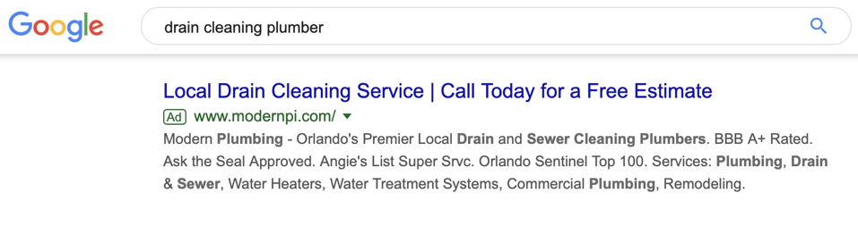 Google Ad of a plumber
