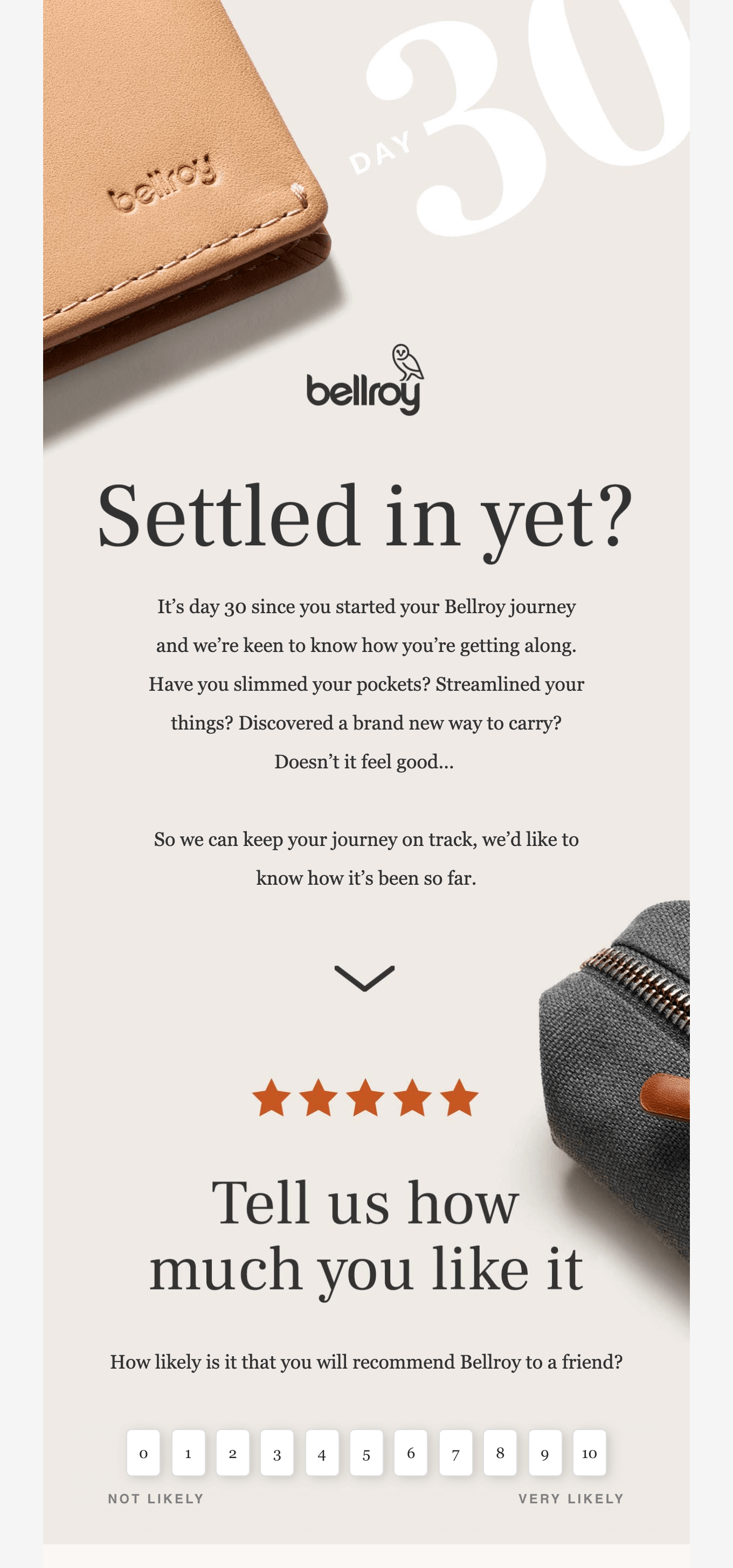Interactive email from Bellroy with a 1 to 10 clickable number buttons to rate the product