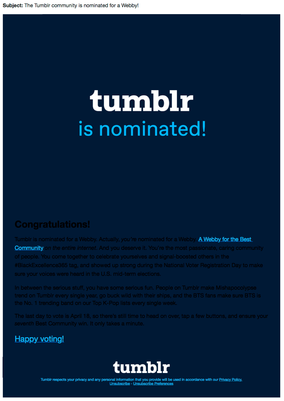 An example of low color contrast email from Tumblr black text on navy blue background