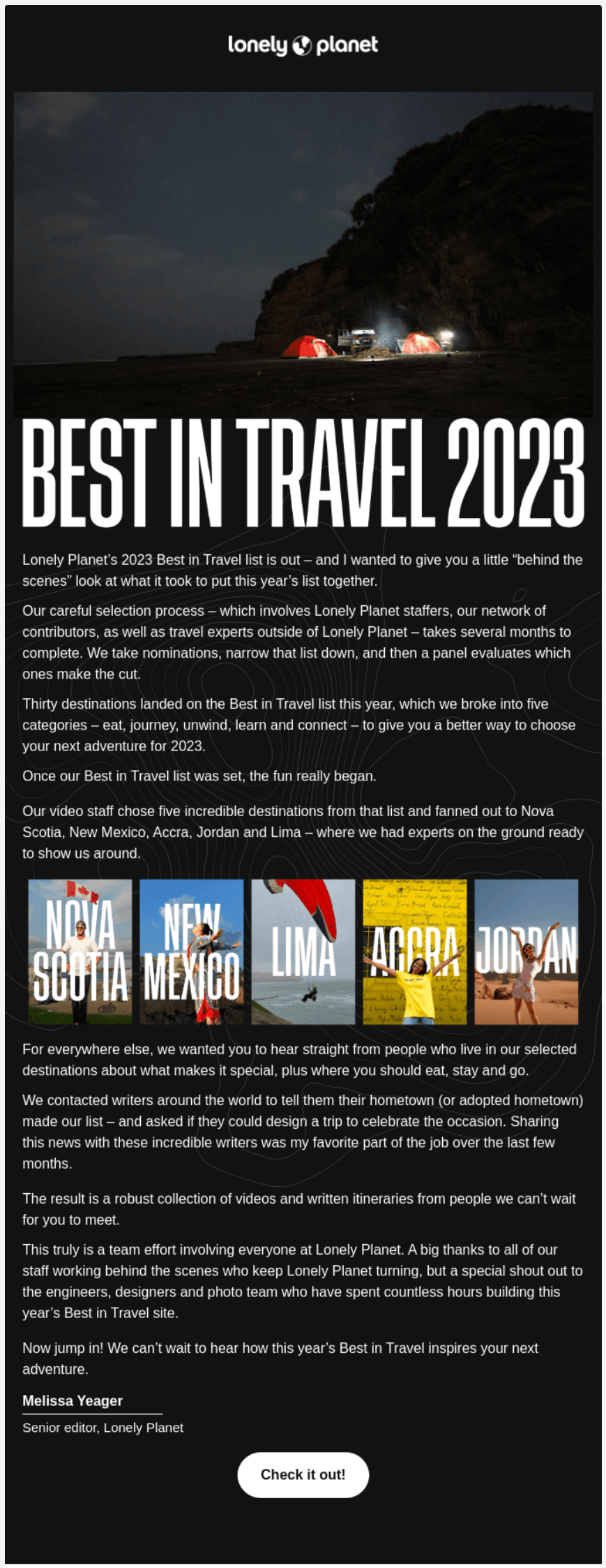 In an email, Lonely Planet announces the arrival of its Best in Travel guide, shares the contents and the story behind its creation