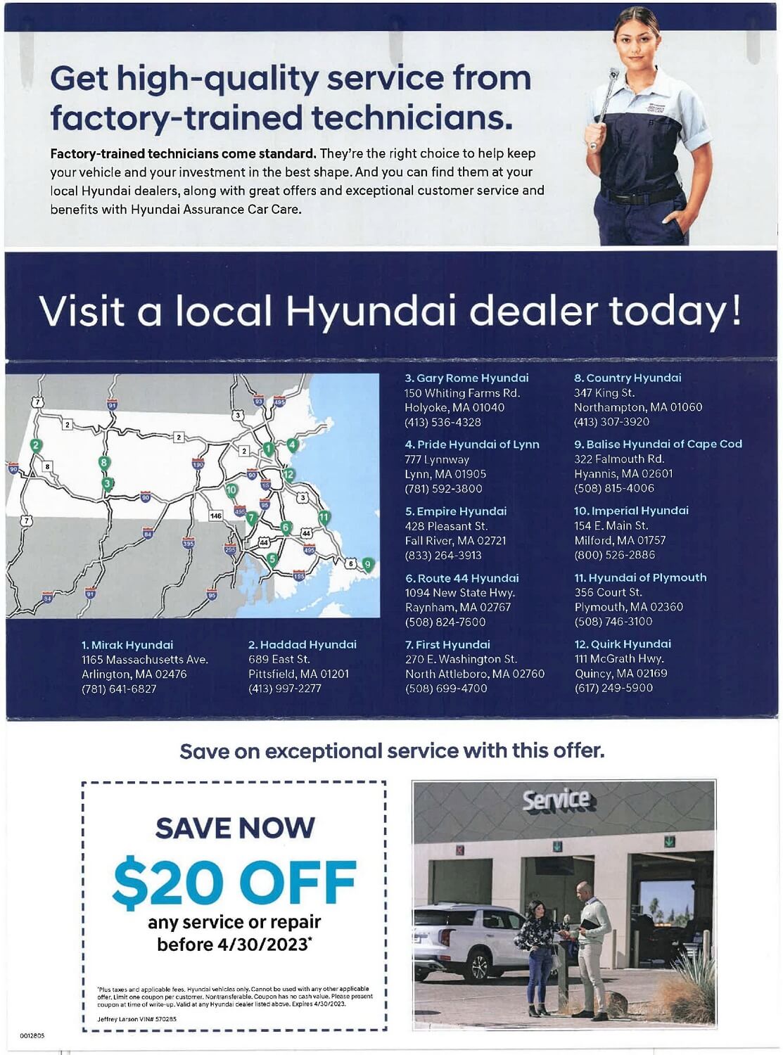 A direct mail piece from a Hyundai dealer with dealership locations and a coupon