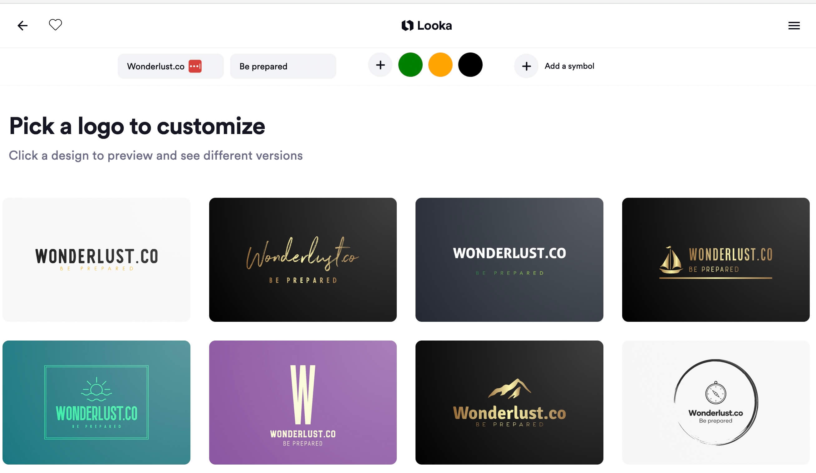 Looka interface and generated logo examples