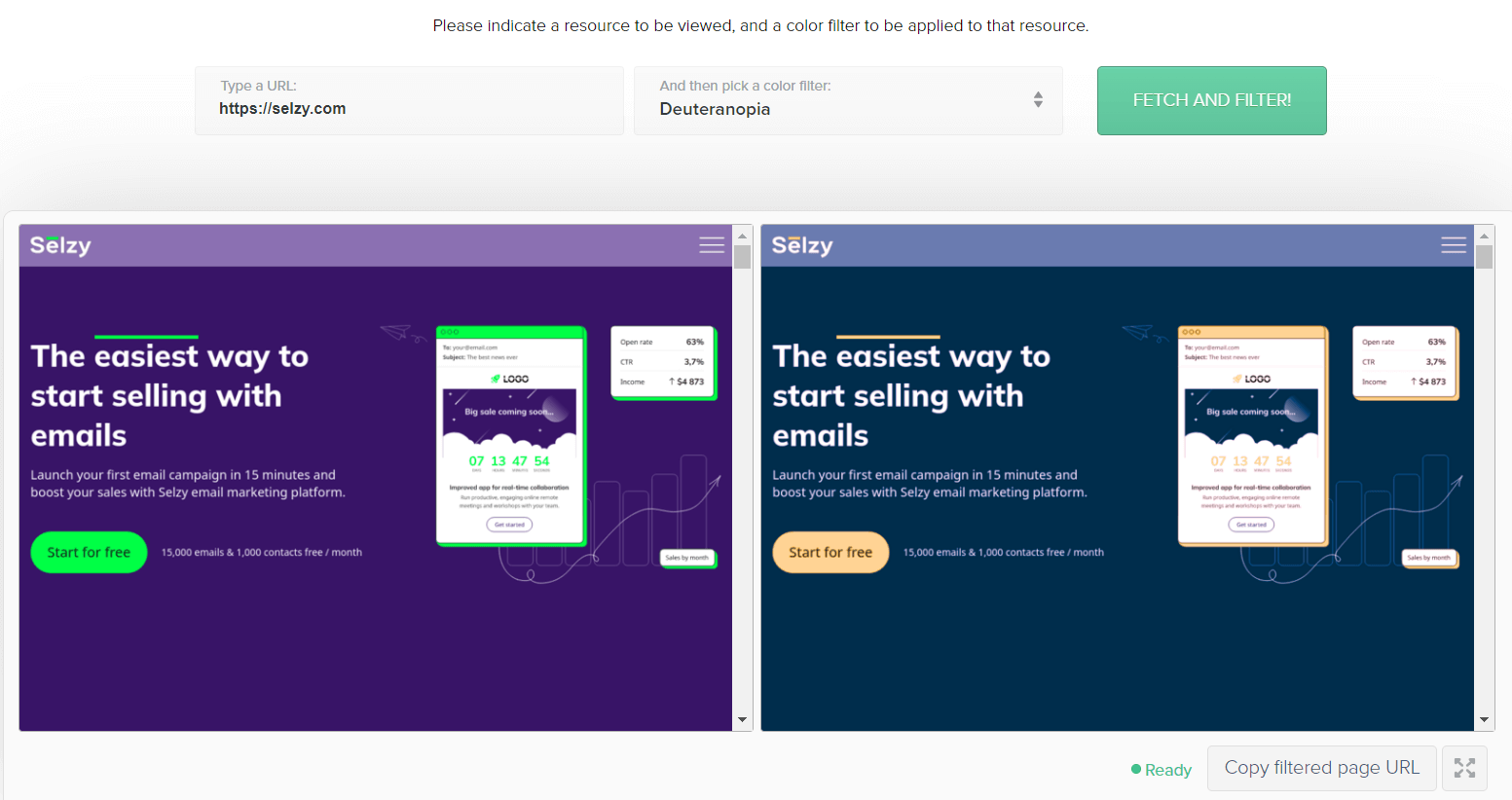 Colorblind filter for websites shows what Selzy’s main page looks like for people with deuteranopia: green turns orange, purple is now blue, but the contrast is still high