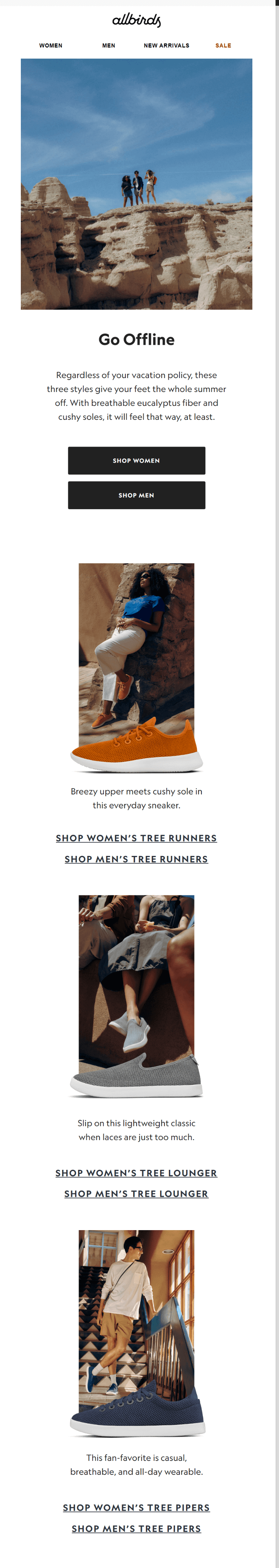 An accessible email from Allbirds with good amount of breathing space between pictures, short copy paragraphs, and links