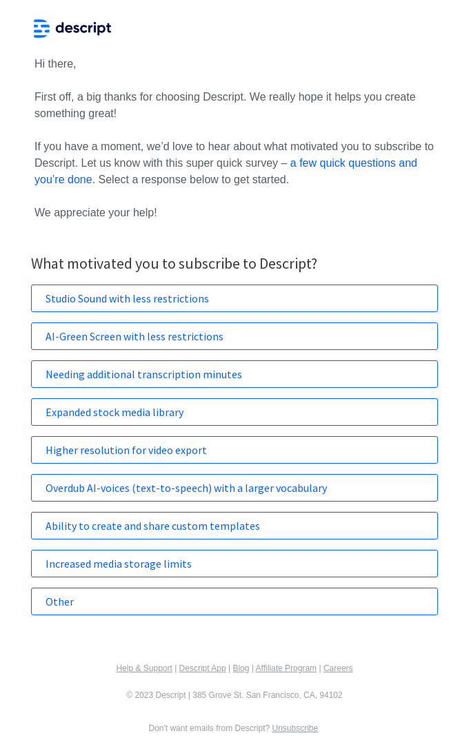 Interactive multiple choice one-question survey email from Descript