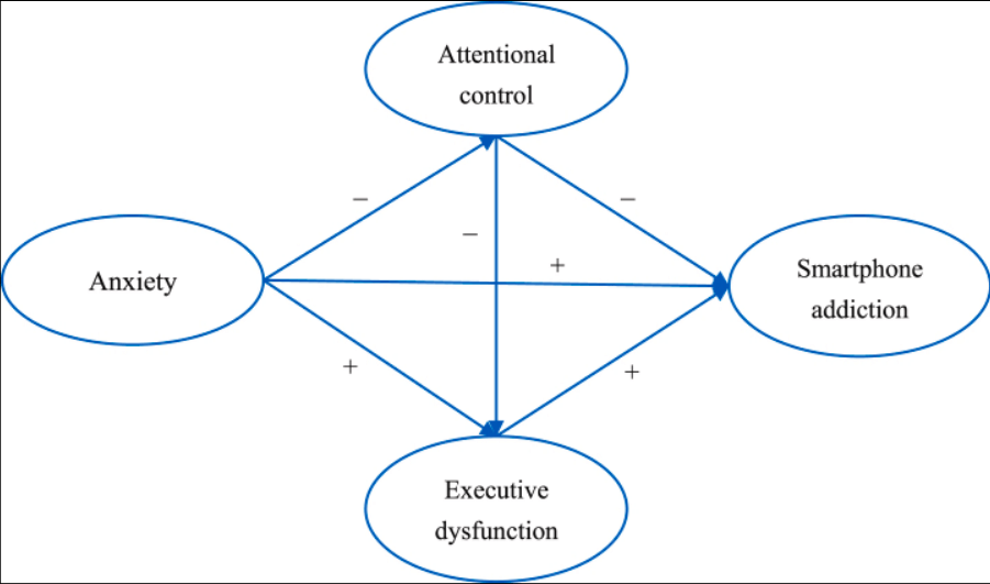 The model of the relationship between anxiety, attentional control, executive dysfunction, and smartphone addiction.
