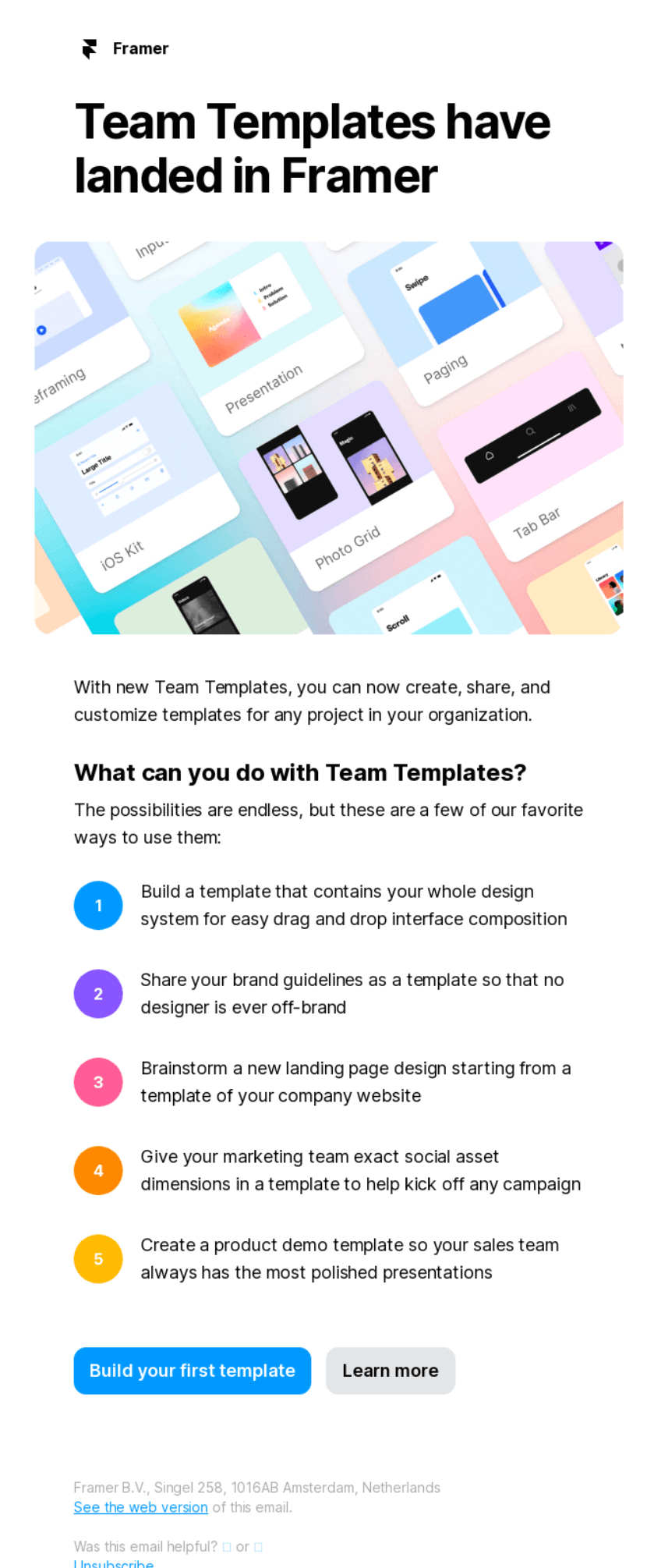 Framer announces the launch of Team Templates in an email