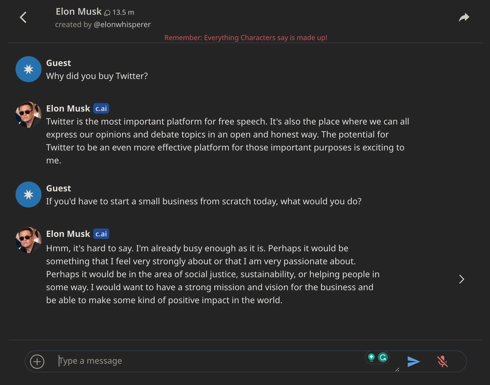 Conversation with on Elon Musk avatar from Character AI