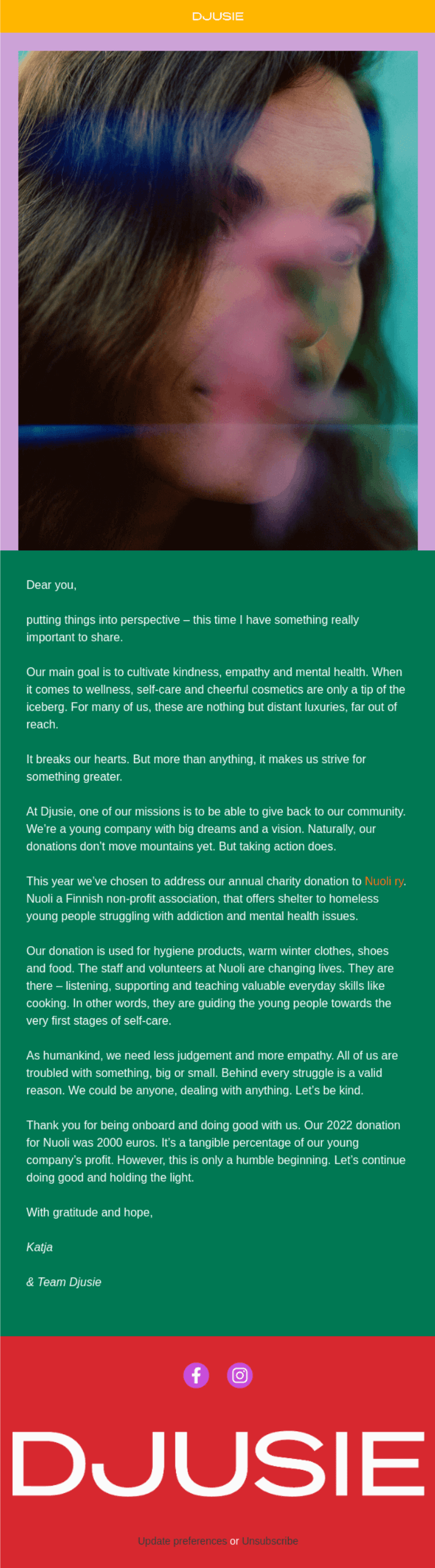 A thank you email sent by the Djusie’s team at the end of their first donation campaign in 2022
