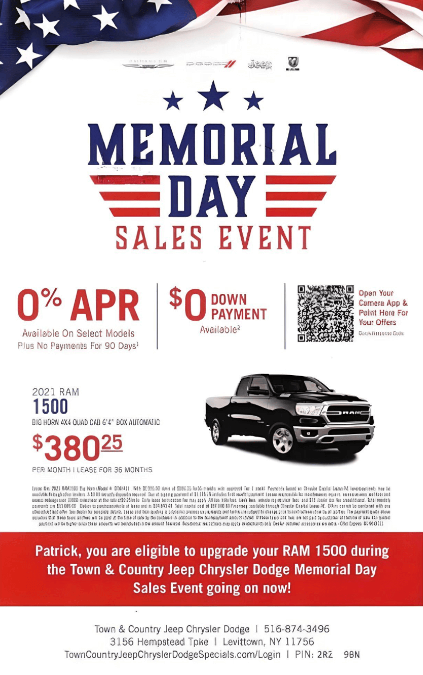 A promotional flyer from a car dealership centered around Memorial Day