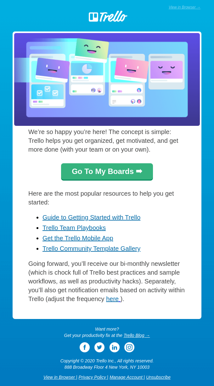 A welcome email example from Trello