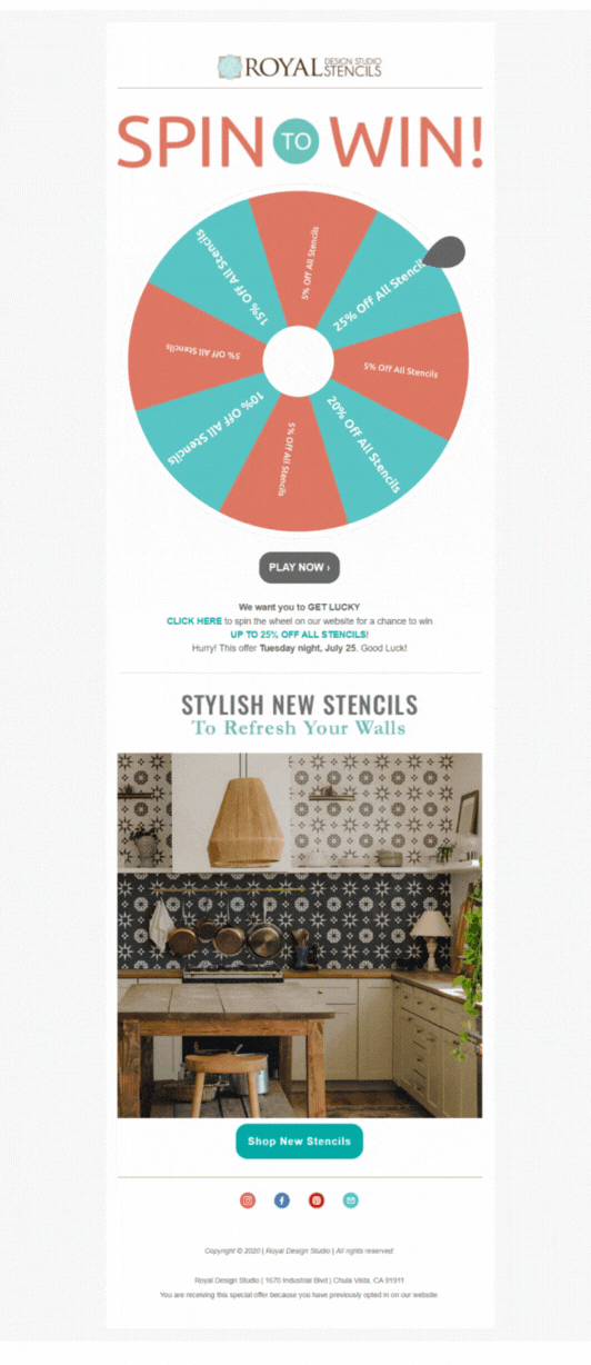A roulette email from Royal Design Studio Stencils with a spinning wheel divided into sections with different discounts from 5% to 25% on all stencils