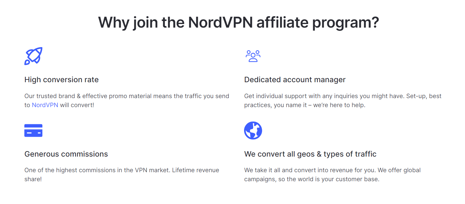 NordVPN affiliate program landing page screenshot with reasons to join the program: high conversion rates, dedicated account managers, generous commissions, and converting the traffic from all over the world