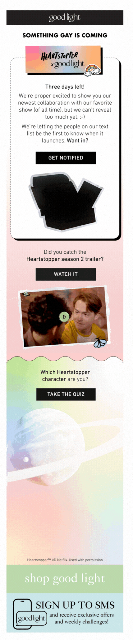 Gamified email from Good Light that announces the release of the Heartstopper collection and features a show-themed personality quiz