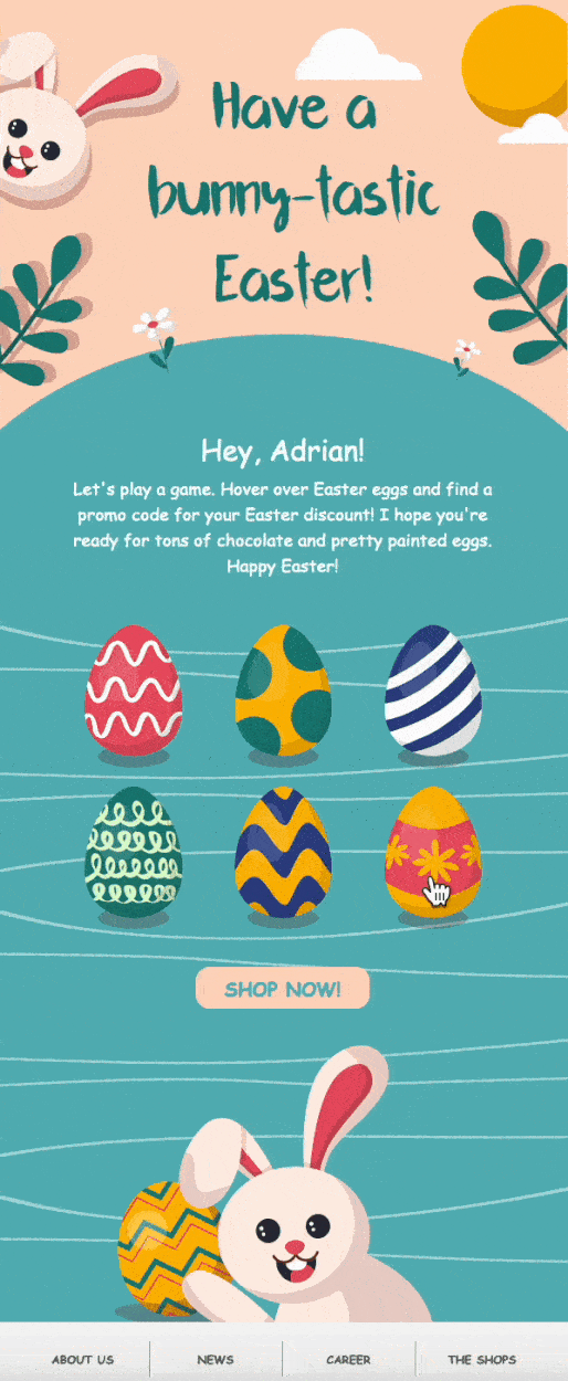 Gamified Easter email template that invites subscribers to hover over pictures of easter eggs to find a promo code