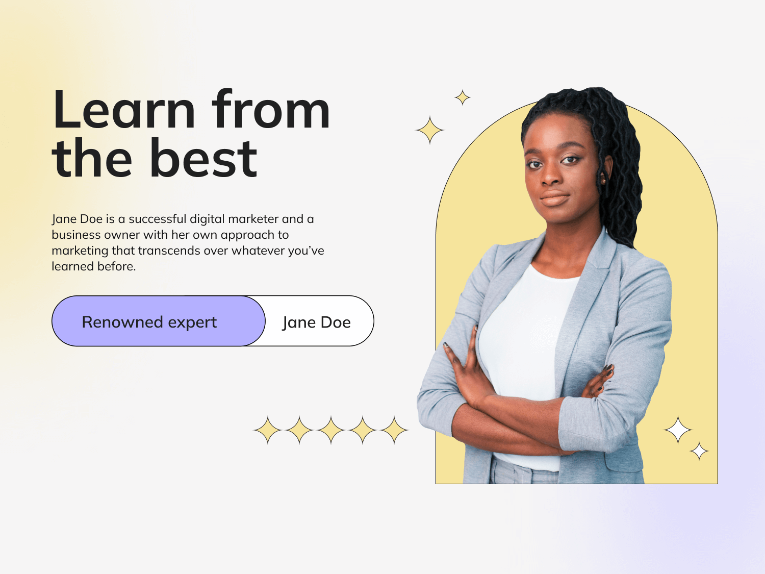 The online course landing page, info on the teachers, it says “Learn from the best. Jane Doe is a successful digital marketer and a business owner”.