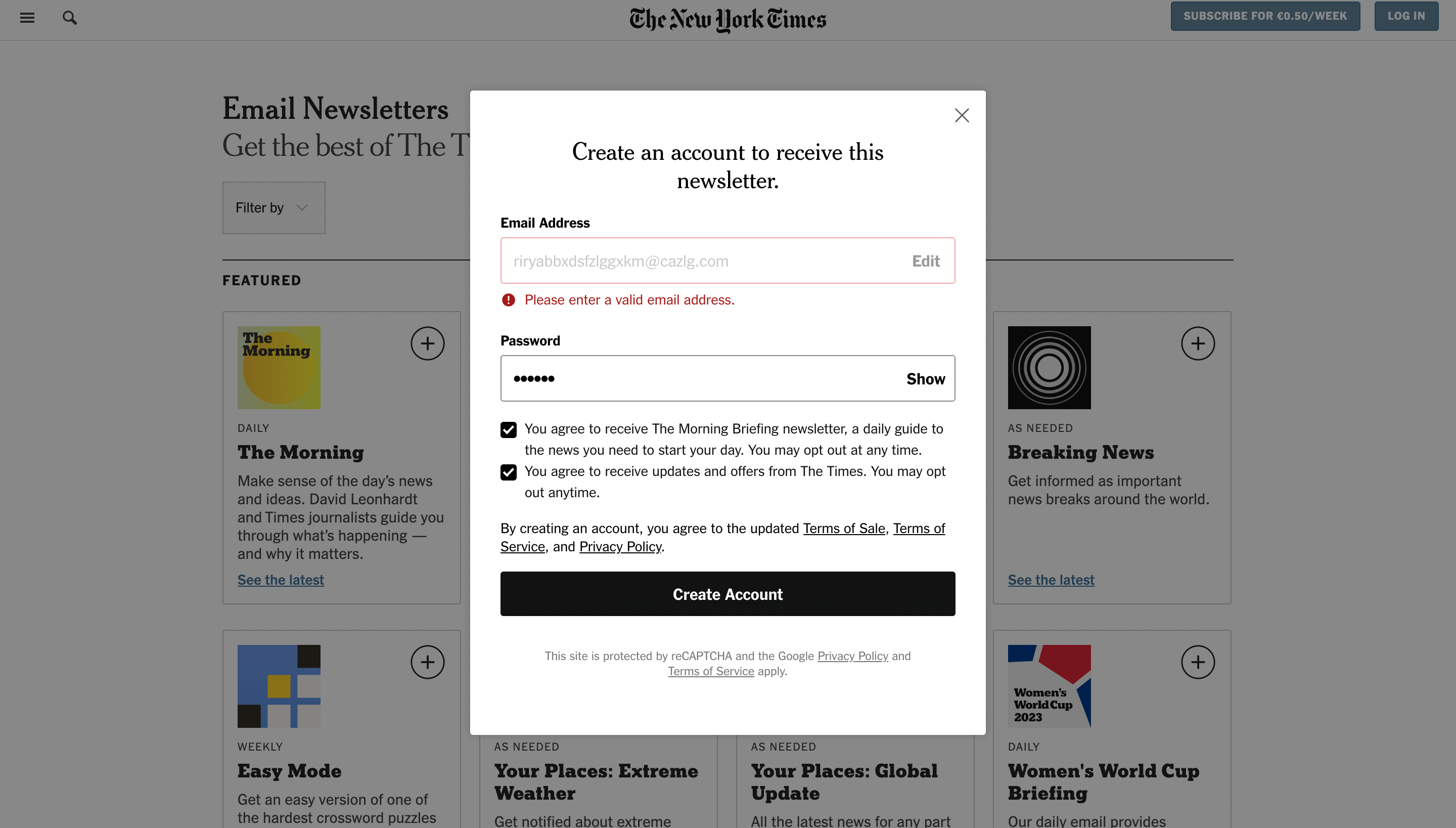 Unsuccessful attempt to subscribe to the Morning Briefing newsletter by New York Times with a temporary email address. The error message reads: “Please enter a valid email address”
