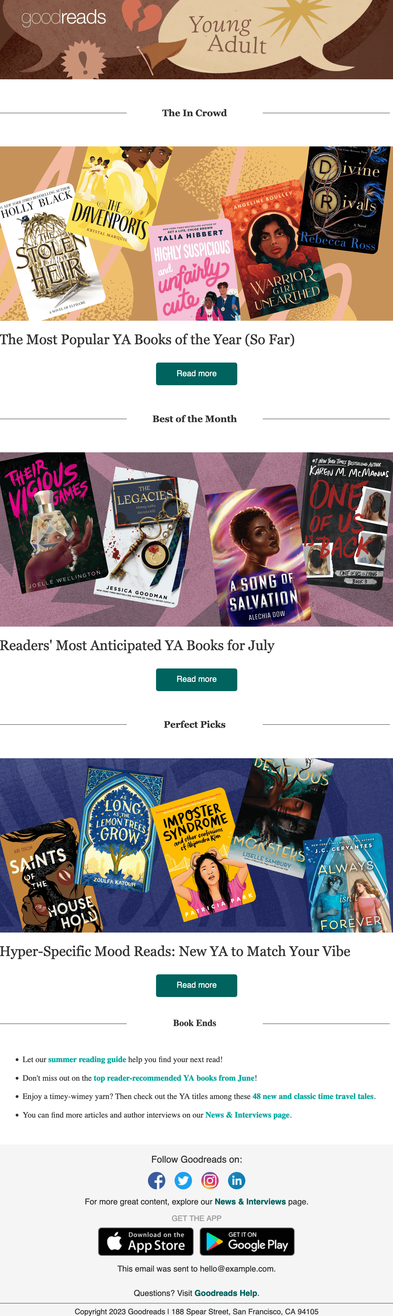 A Goodreads email with YA book recommendations
