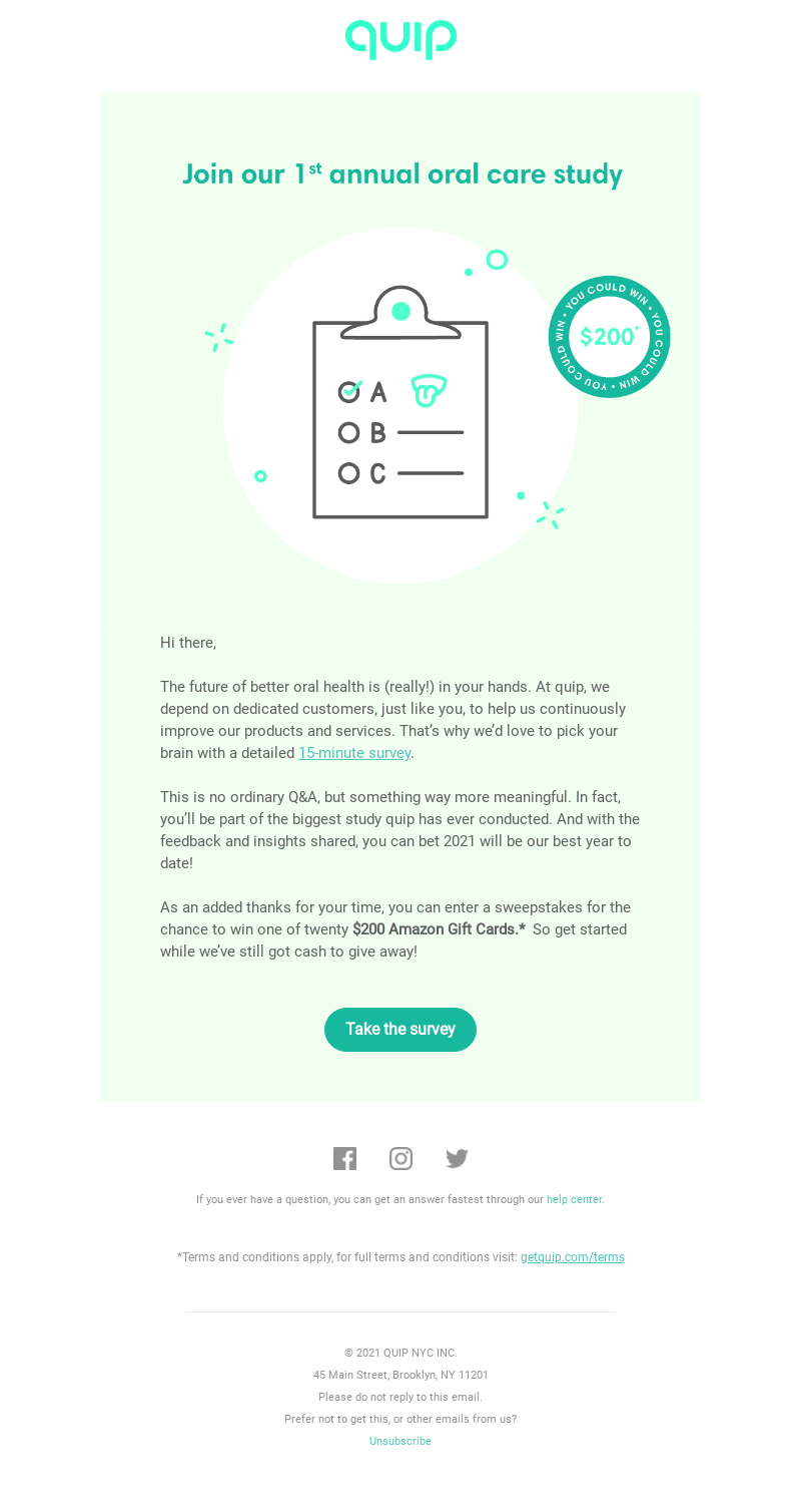 A survey email from quip that invites subscribers to take part in sweepstakes and win a $200 Amazon gift card for taking part in their study