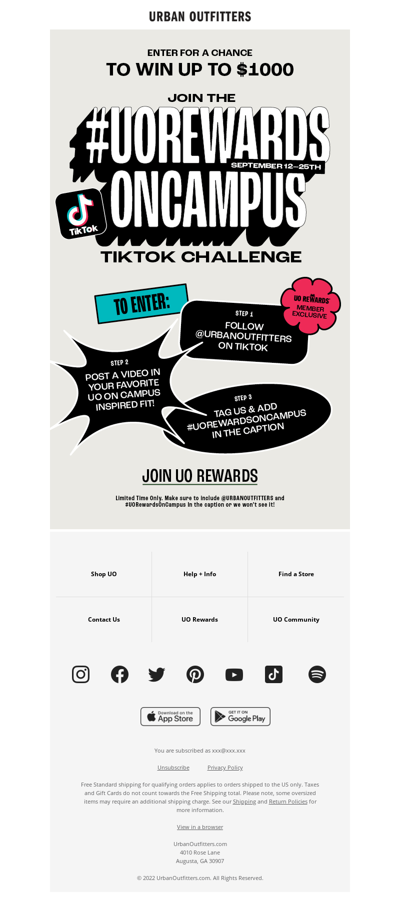 An email from Urban Outfitters that offers loyalty program members to join a TikTok challenge and win money