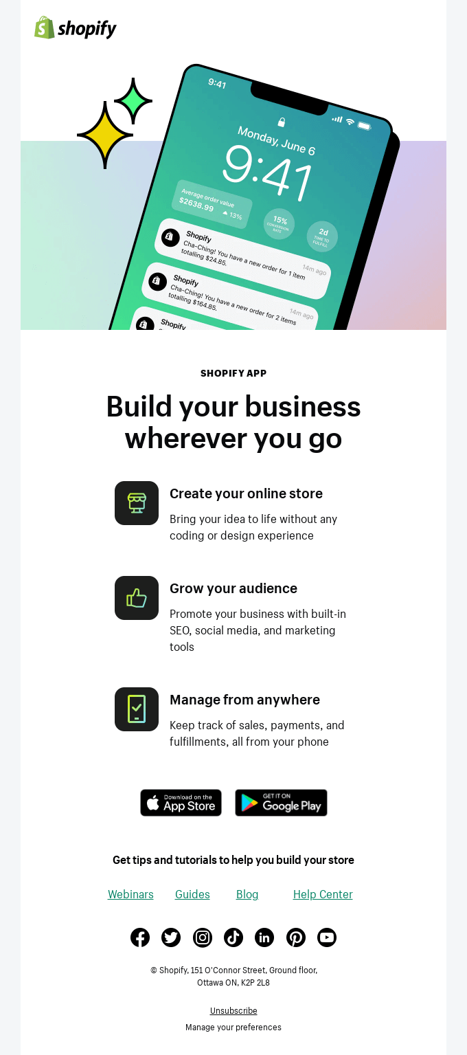 Shopify's email showcases their app, listing its functionalities in distinct blocks with bold headings and icons for enhanced visual guidance.