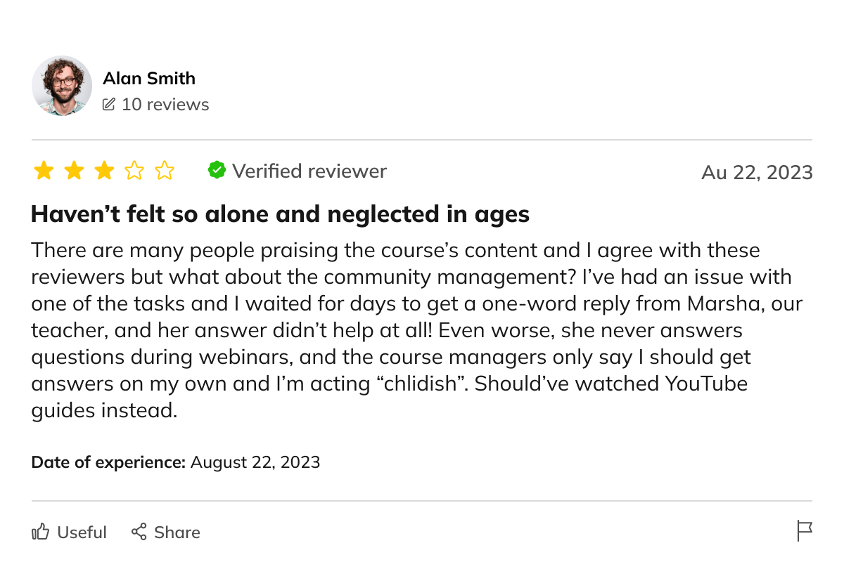 A 3-star rating review on the course with a title “Haven’t felt so alone and neglected in ages” where a verified reviewer complains about the lack of community management and the teacher not answering students’ questions
