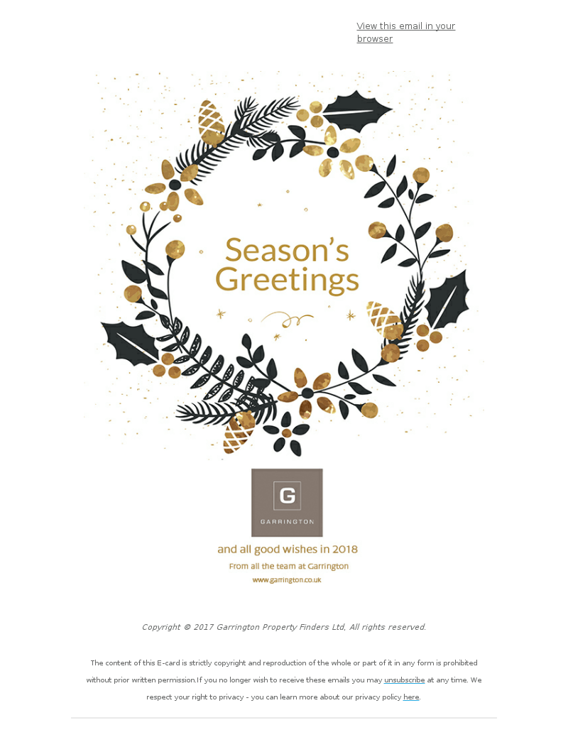 Real estate email example with minimalistic design containing season’s greetings.