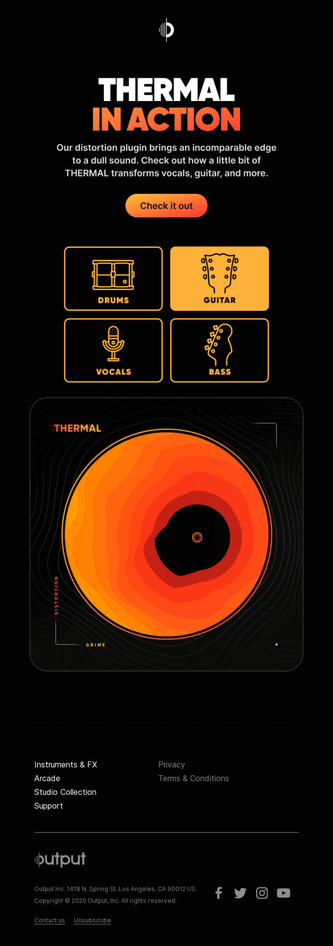 Output introduces their distortion plugin with concise yet impactful text, complemented by visual icons depicting its application for drums, guitar, bass, and vocals. The visuals include a diagram showcasing the spectrum of its effects.