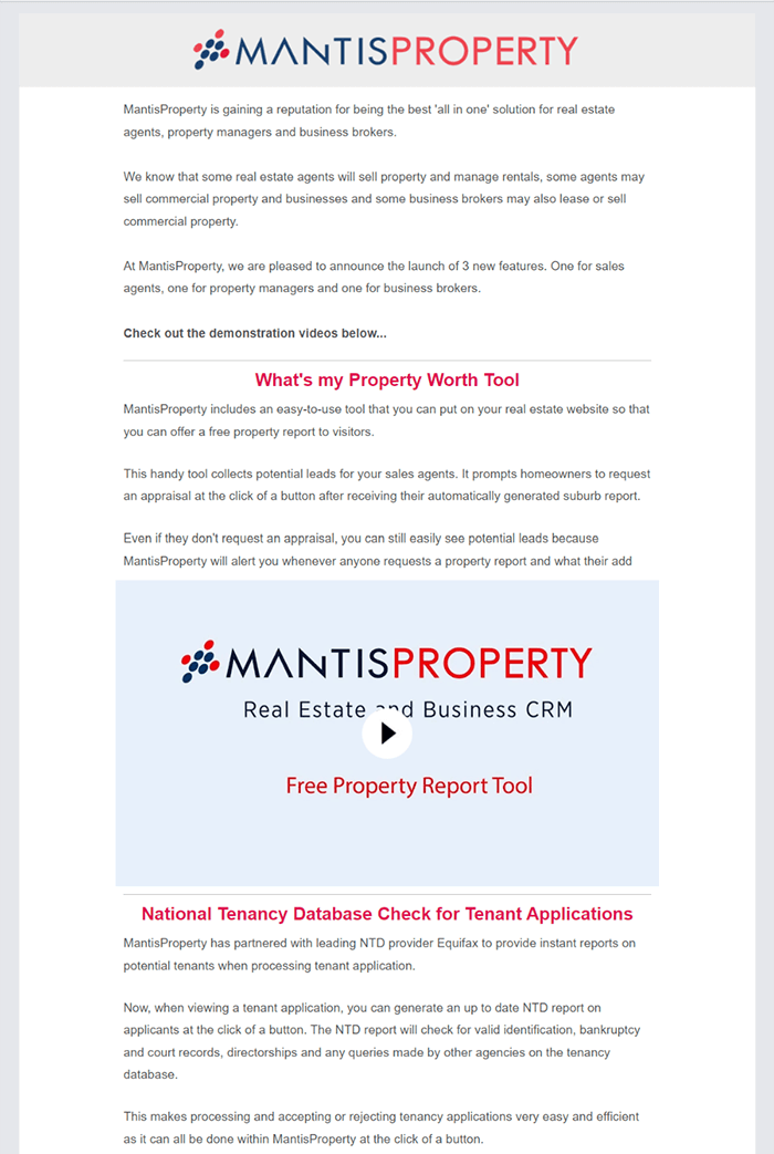 Real estate email example with minimalistic design containing business updates.