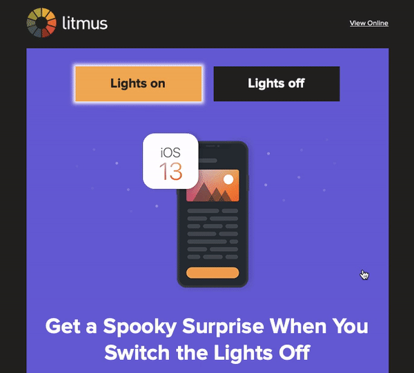 A Halloween email from Litmus with two buttons: Lights on and Lights off. Once you click on the “Lights off” button, the background color turns black and two floating ghosts appear.