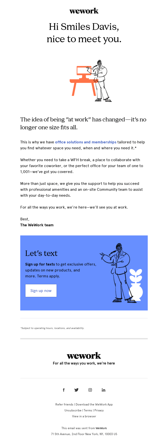 Welcome email from WeWork introducing flexible office solutions, with illustrations, personalized greeting, and a call to sign up for text updates.
