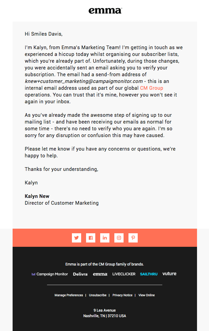 An apology email from Emma where Kalyn, Director of Customer Marketing, apologizes for subscription confirmation emails sent to active subscribers
