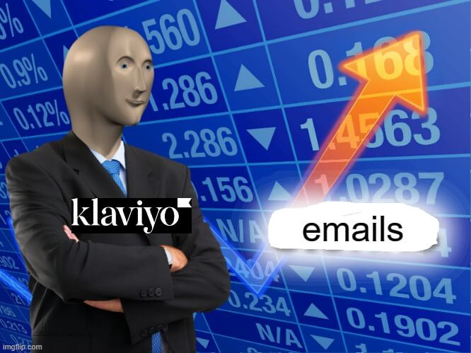 A poor-quality 3D model of a guy in a business suit with a Klaviyo logo on his chest is standing on the blue background with stock market numbers and an orange arrow going upwards, the arrow is signed “emails”