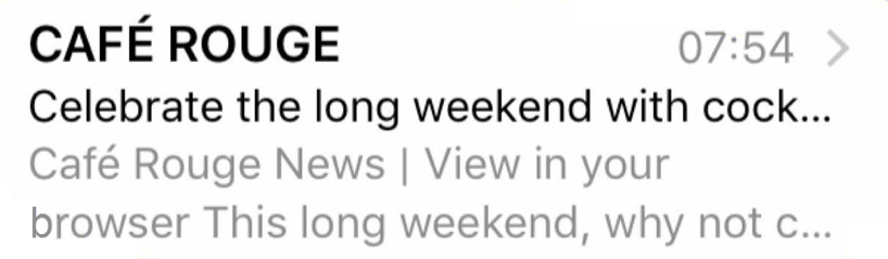 A screenshot of a cut-off subject line that says “Celebrate the long weekend with cock…”