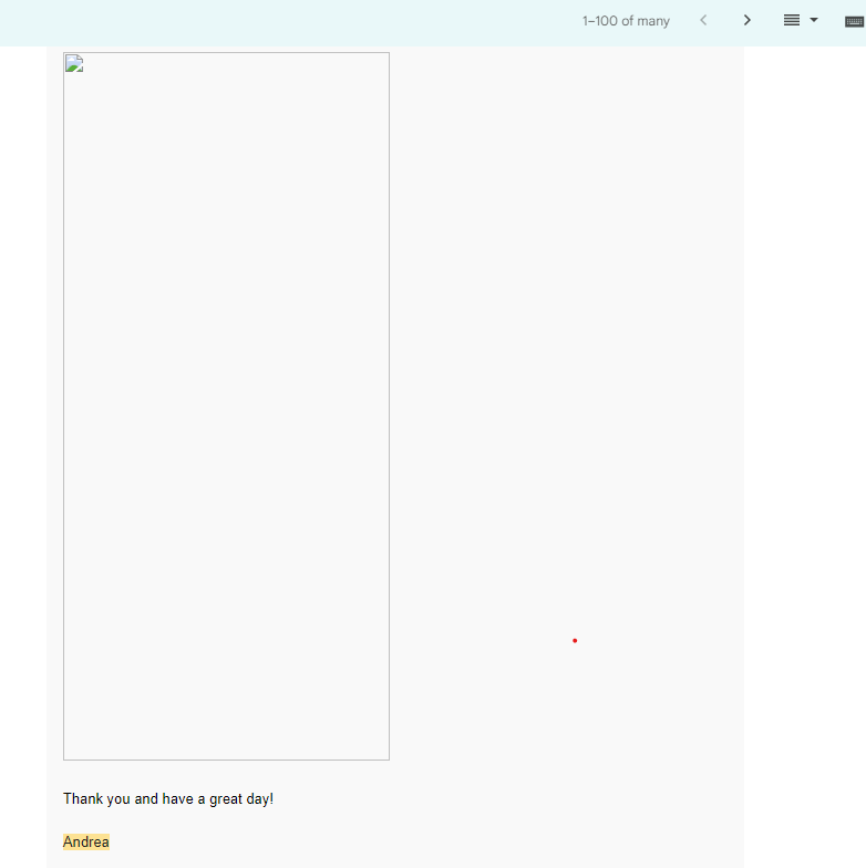 Broken image in email demonstration: instead of a picture there’s a blank outline of an image with an icon that looks like a sheet of paper with a drawing and a cut-off corner