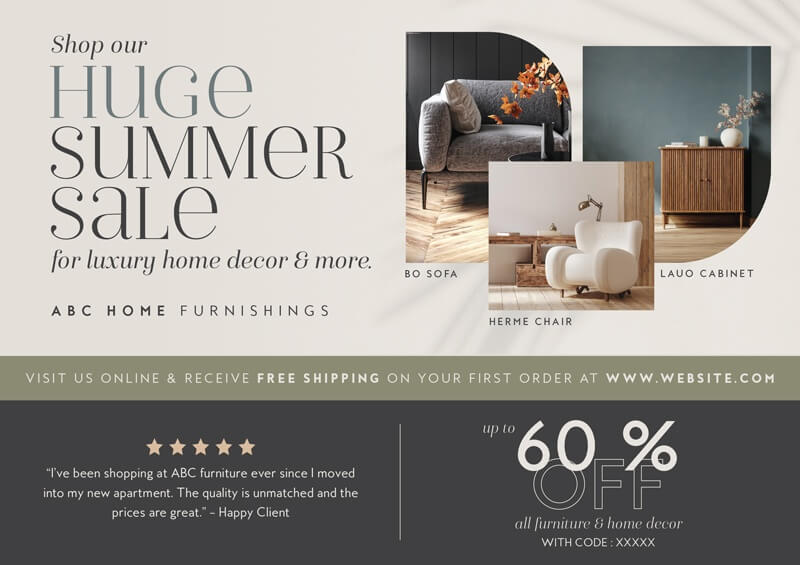 A postcard template promoting a sale at a furnishings store.