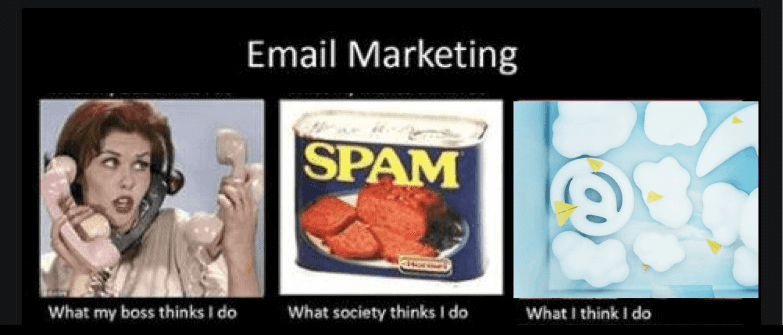 Meme: Email marketing. What my boss thinks I do (a girl with many phones). What society thinks I do (a can of SPAM). What I think I do (a picture of an installation from the Mailchimp exhibition with the inflatable @ sign)