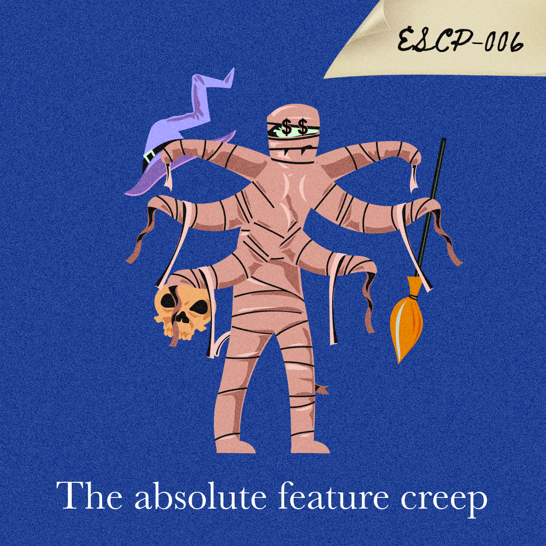 A mummy with a lot of hands, some of which are holding things: a skull, a broom, and a wizard hat. Caption: ESCP-006. The absolute feature creep.
