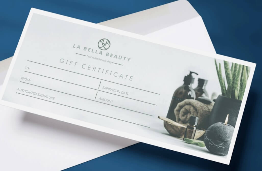 An example of a personalized envelope-sized gift certificate template by VistaPrint that can be filled out and mailed to the recipient.