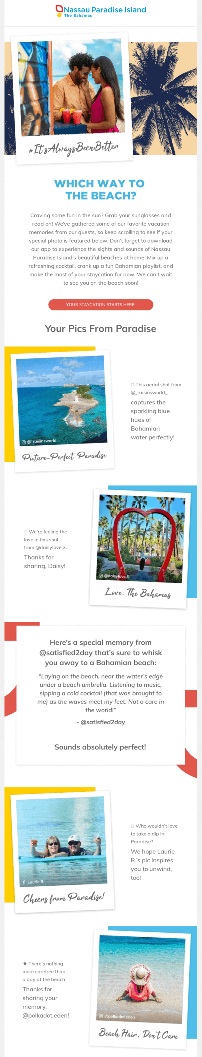 A newsletter from Nassau Paradise Island contains tagged location photos and posts of their guests.