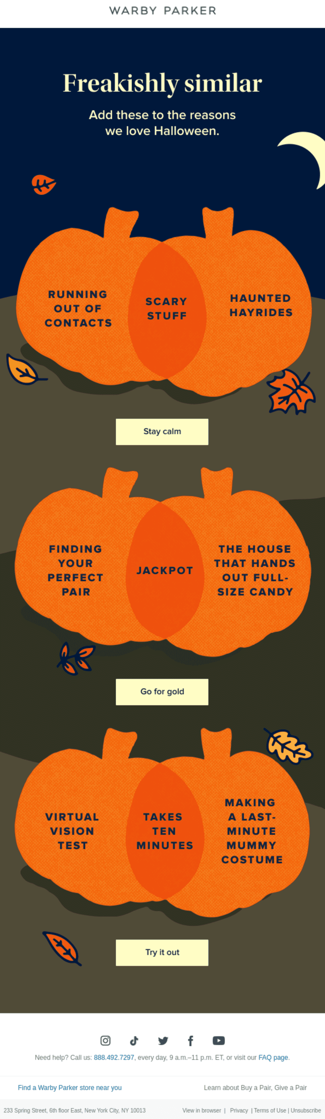 An email with three illustrated pumpkins showing similarities between the brand’s products and services and Halloween-related experiences and activities