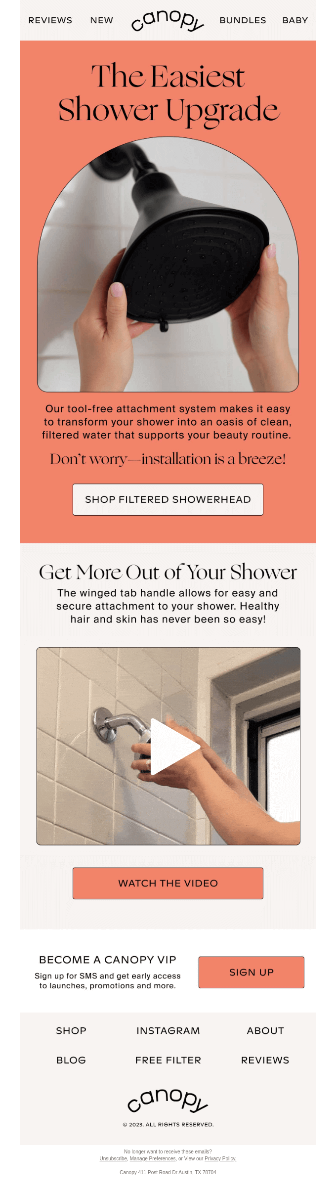 Retention email from Canopy that shows how easy it is to upgrade your shower and get more out of it