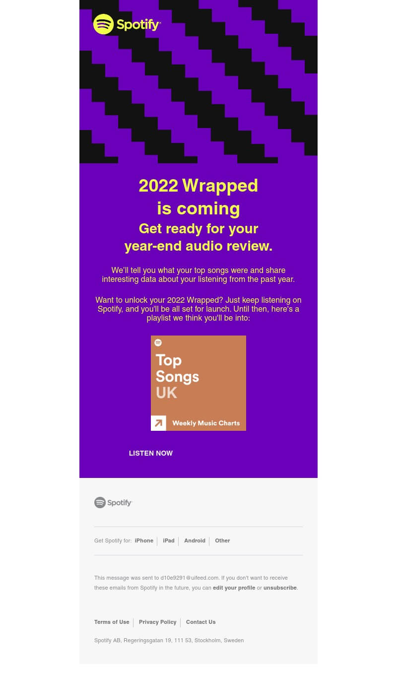 Spotify Wrapped email announcement that encourages users to listen to more music to get access to the statistics